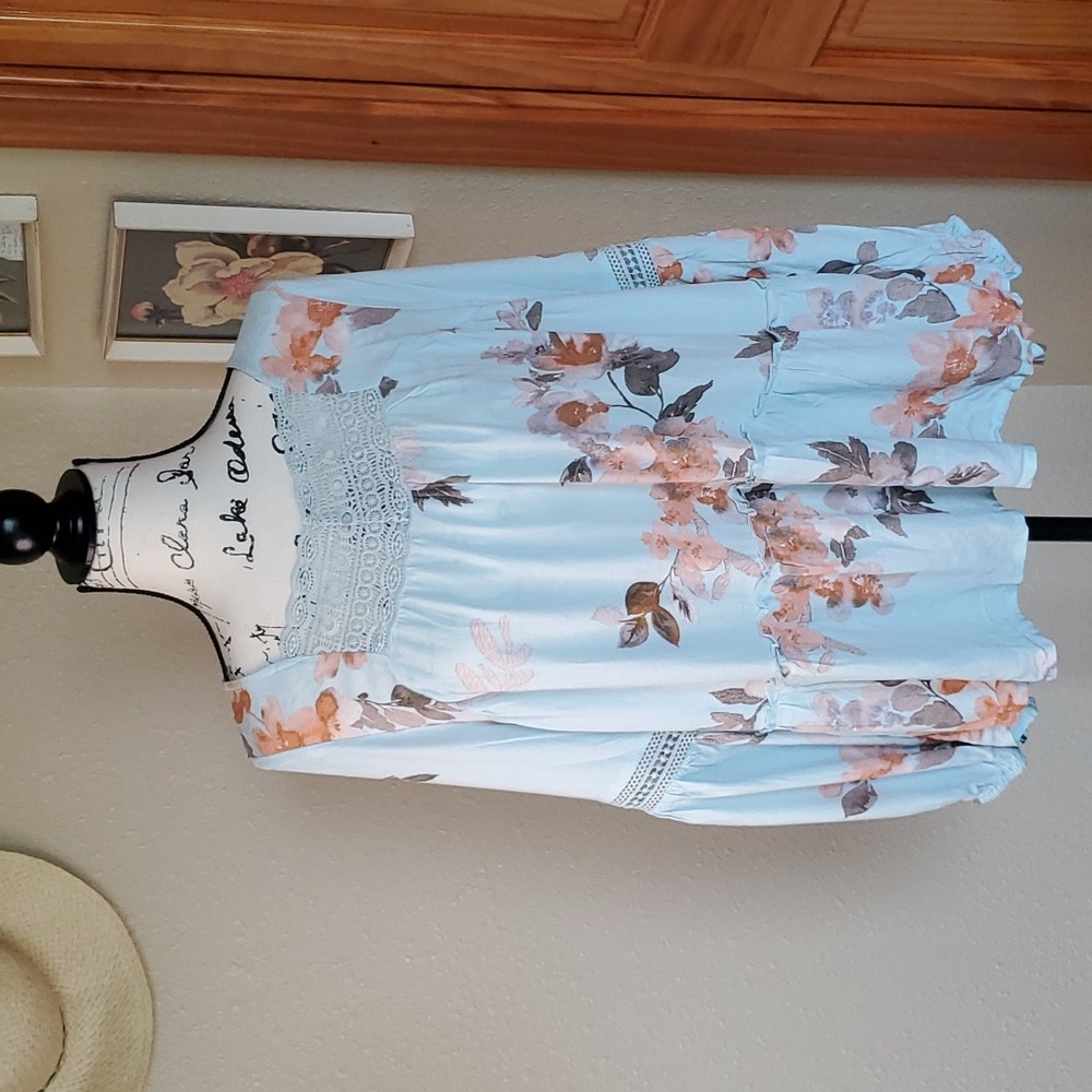 ODDY Floral Print Lace Detailed Tunic Top Blue Size LARGE